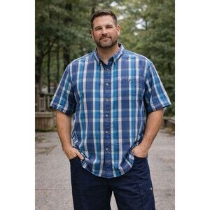 Duluth Trading Short Sleeve Shirt Button Front Untucked Plaid Men's 2XL Cotton